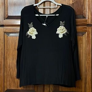 Black Full Length Lattice Front Top with Cream/White Floral Accents